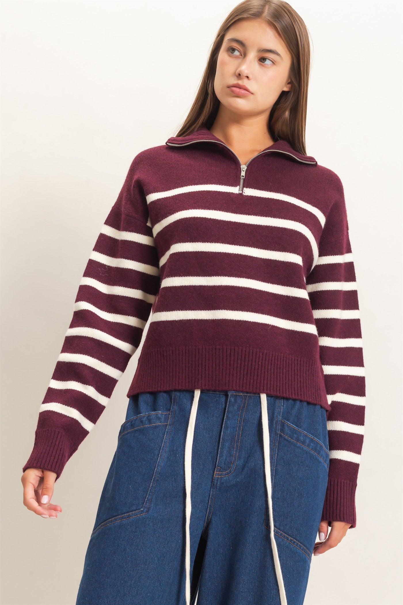 Wholesale Half-Zip Collared Stripe Sweater Sweaters DZ26E950 DARK CHERRY DOUBLE ZERO