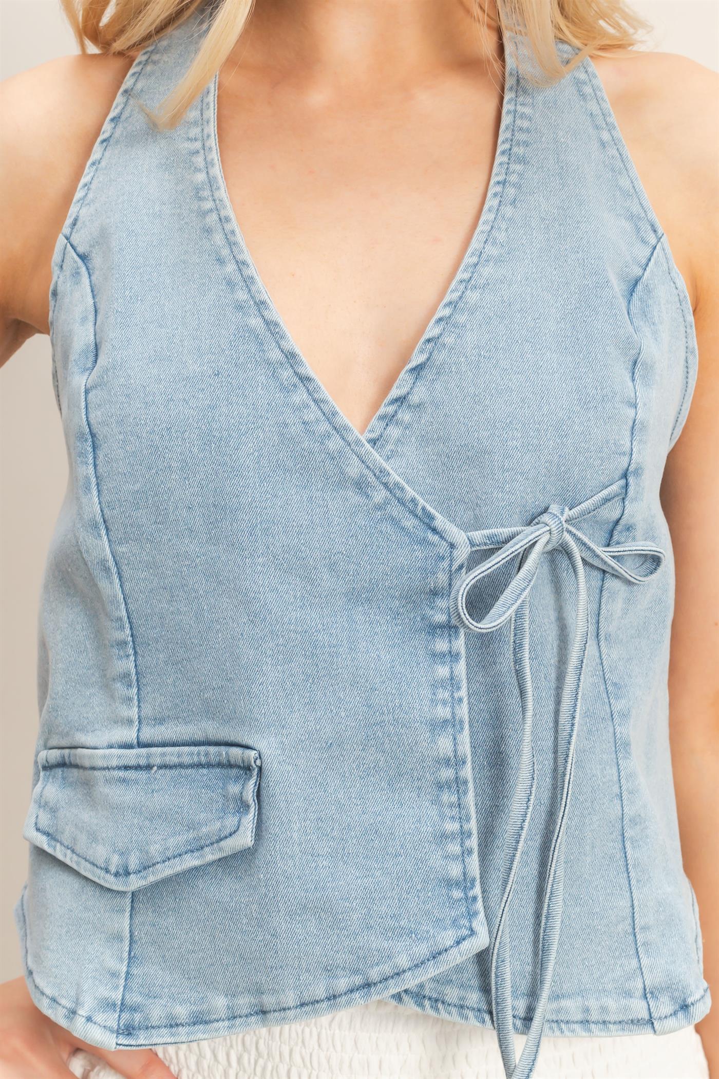 Wholesale Denim Halter Wrap Top Clothing Tops HF26C565 LIGHT BLUE HYFVE