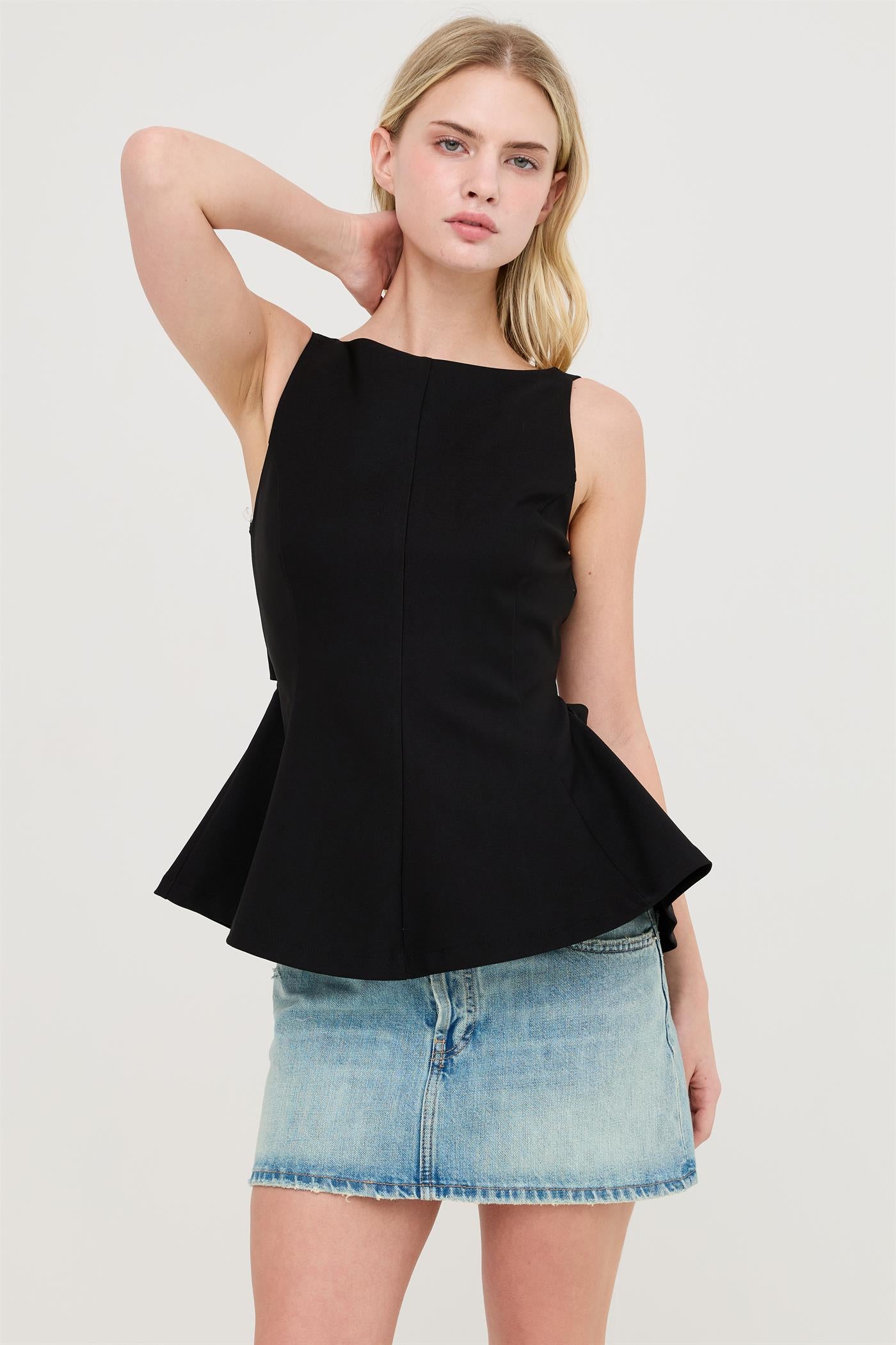 Wholesale Sleeveless Open Back Peplum Top Clothing Tops HF26A292 BLACK HYFVE